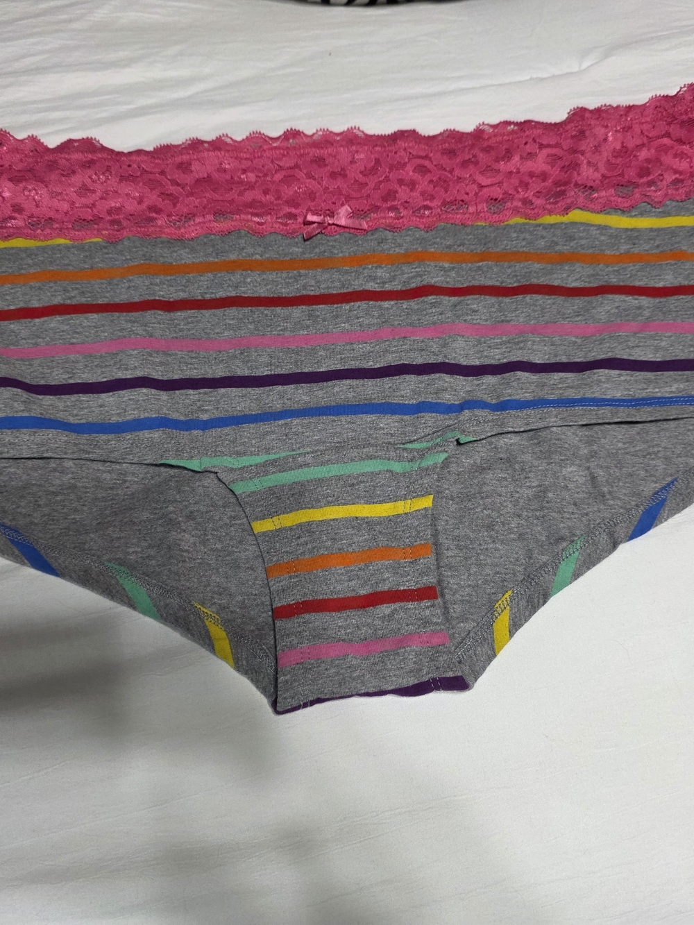Striped Heather Gray Hipster Panty with Pink Lace Size 2 Waistband
